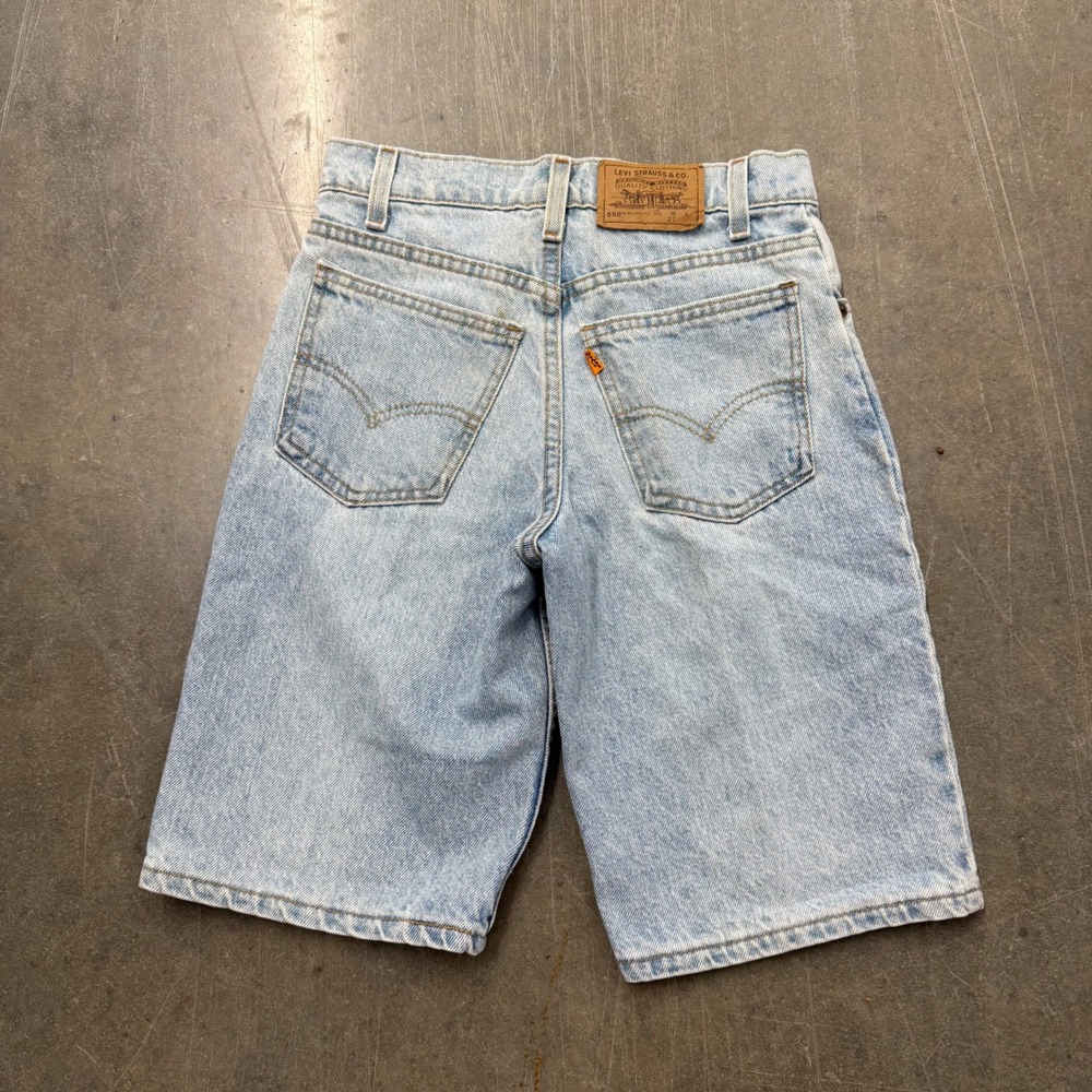 Vintage Levis 550 Student Orange Tab Denim Shorts Light Wash USA Made Size 27